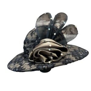Whittall & Shon Black Wool Lace Sequin Pearl Rose Formal Church Derby Hat NWT